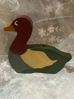 Hand-Painted Wooden Duck Figurine in Green, Burgundy, Yellow